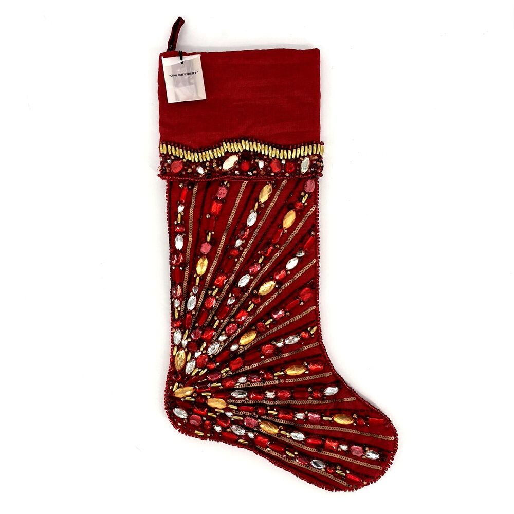 Kim Seybert Royal Hand Beaded Embellished Red & Gold Christmas Stocking NWT